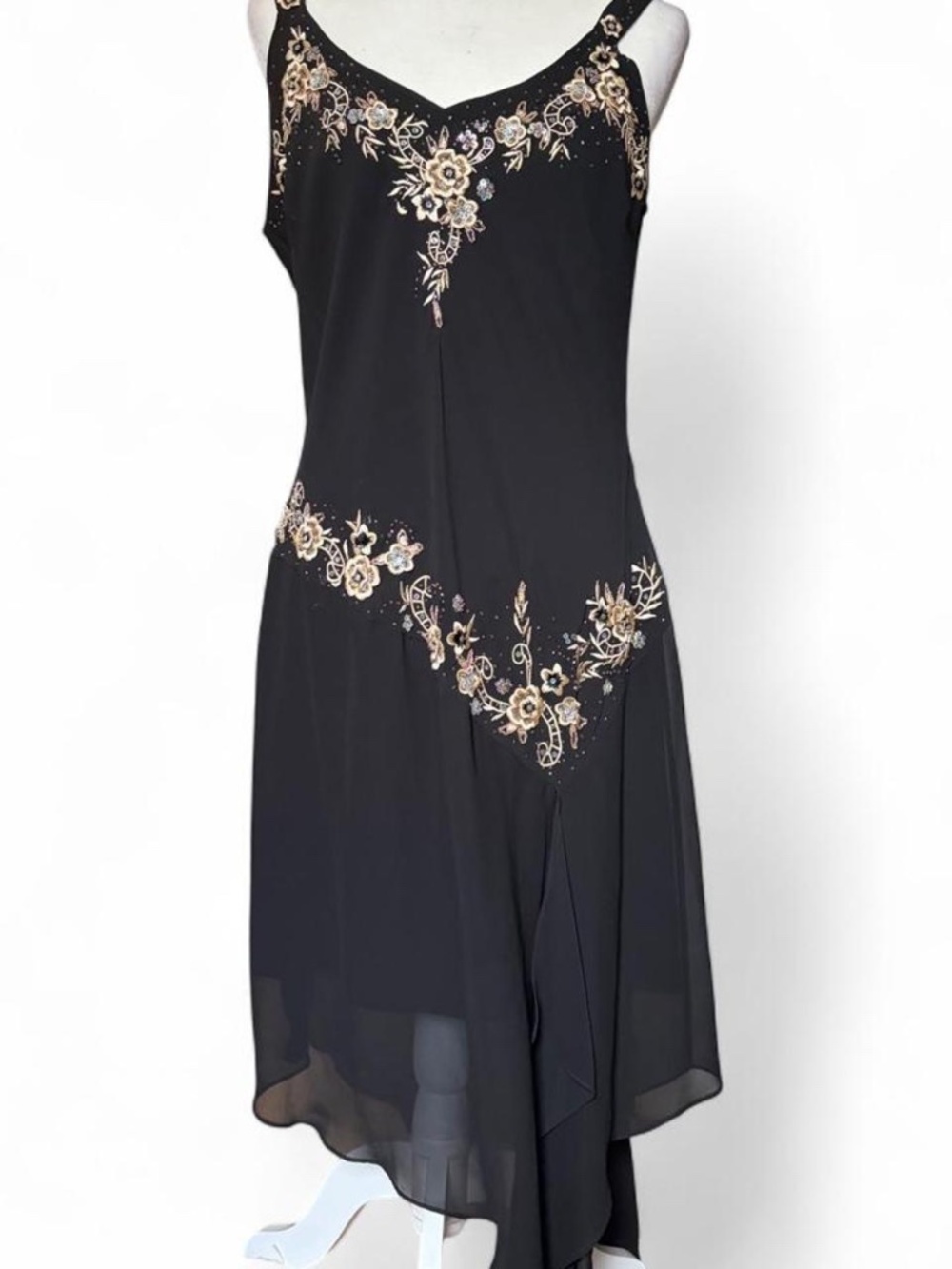 Vintage R&M Richard’s Black and gold embroidered midi dress with a boho vibe